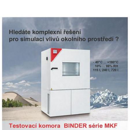 Komora BINDER MKF 115 pro testování malých vzorků Komora BINDER MKF 115 pro testování malých vzorků MKF komory jsou určené pro environmentální simulace, poskytují homogenní prostředí s regulovanou teplotou, vlhkostí a velkou dynamikou možných změn uvedených parametrů (např. u teploty 5 K/min při ohřevu i chlazení). Přístroje této řady se zvláště hodí pro zkoušky vlastností produktů při testech vlivu klimatických podmínek, které splňují požadavky norem DIN a IEC a při všech testech, které jsou od těchto norem odvozeny. Model s komorou 115 litrů doplňuje sérii o velikost, která je vhodná hlavně pro výrobce menších součástek a dílů jako např. elektronické díly a čidla, polovodiče nebo součástky pro automobilový průmysl. Komora menší velikosti může být zajímavá také pro výrobce s malým množstvím vzorků nebo tam, kde je třeba uspořit pracovní prostor v laboratoři. Díky sériové výrobě nabízí výrobce u přístrojů série MKF ve standardní výbavě např. vyhřívané pozorovací okno, LED osvětlení, Ethernet interface atd. Instalace přístroje u uživatele není nijak závislá na kvalitě napájecí vody. V případě, že v místě instalace není k dispozici rozvod demineralizované vody, nabízí výrobce systém PURE AQUA SERVICE, který se připojí před přístroj na jakýkoliv vodovodní rozvod.Více informací na stránkách výrobce.
